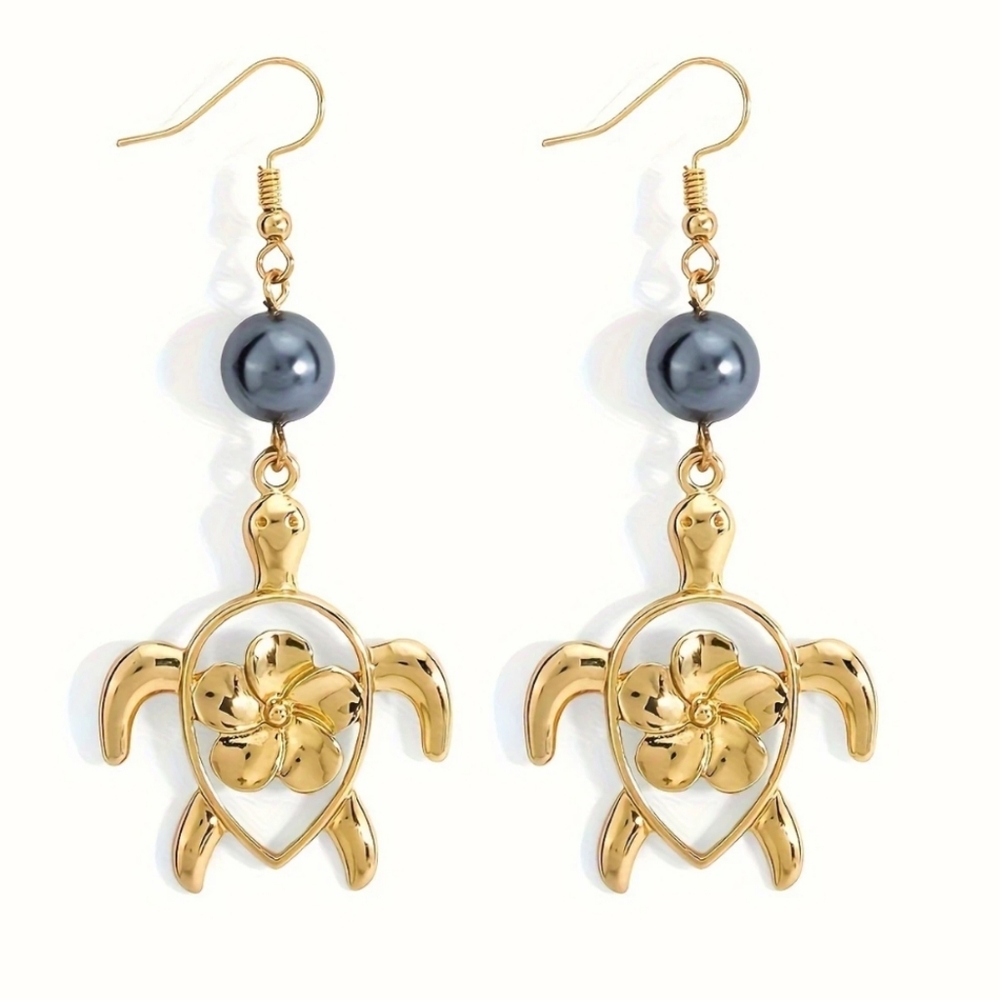 Gold Turtle Earrings with Black Pearls - Picture 2 of 2